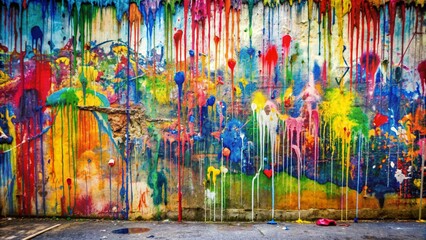 A close-up view of a graffiti paint drip wall reveals a vibrant, textured surface where streaks of bright red, blue, green, and yellow paint drip downwards over an underlying dark purple and black 