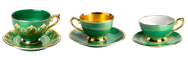 Indulge in elegance with this collection of green and gold teacups and saucer plates, perfect for sophisticated tea parties, on a transparent background.