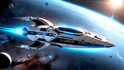Interstellar  Series - 6 - A majestic interstellar spaceship, aerodynamic design and glowing blue accents, powered by advanced technology. Illustration.