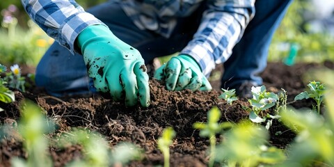 Naklejka premium Examining Soil Quality on an Organic Farm: A Man in Green Gloves. Concept Soil testing, Organic farming, Green gloves, Soil quality, Agriculture