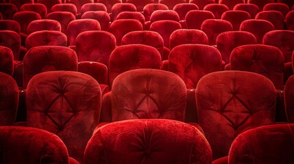 Fototapeta premium Plush red theater seats, captured up close in neat rows with a focus on clarity, isolated background and studio lighting for ads