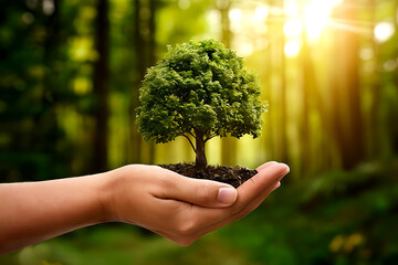 Hand Holding Small Tree, Symbolizing a Greener World.