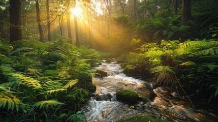 Obraz premium Serene Forest Scene with Lush Vegetation and Gentle Stream