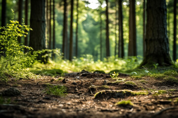 Path in the pine forest in the morning. Vintage style toned picture