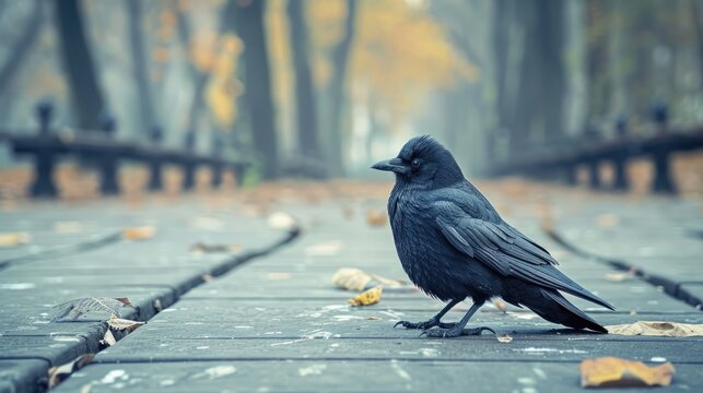 Serene Urban Oasis with Perched Black Bird