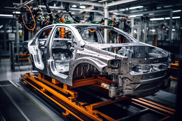 Automotive assembly line. Assembly line of automobile factory. Modern automotive industry