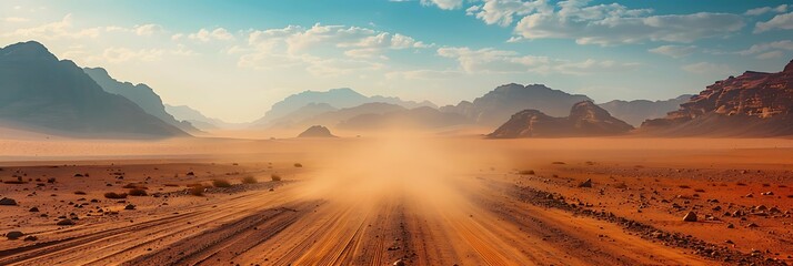 Landscape view of dusty road going far away nowhere in Wadi Rum desert, Jordan realistic nature and landscape - Powered by Adobe