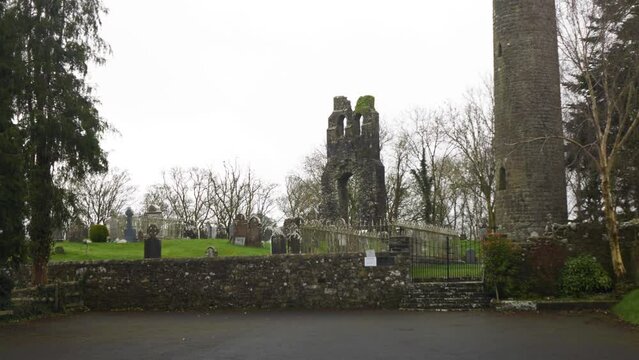 Donaghmore Cemetery And Round Tower Northeast Of Navan In County Meath, Ireland. Static Shot