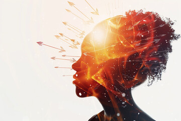 A conceptual image showcasing a womans silhouette with arrows emanating from her head, symbolizing direction, leadership, and individuality in a corporate or personal growth setting 