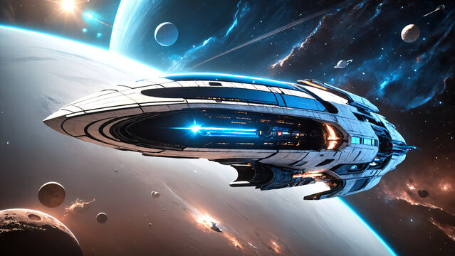 Interstellar  Series - 8 - A majestic interstellar spaceship, aerodynamic design and glowing blue accents, powered by advanced technology. Illustration.