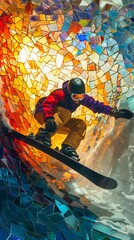 Colorful mosaic art of snowboarder in dynamic action bright stained glass style snow mountains orange blue yellow