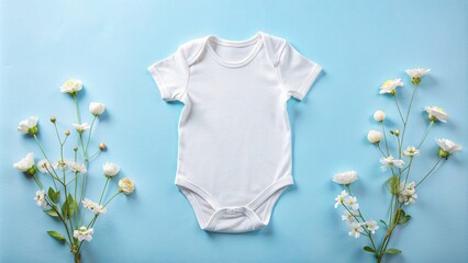 A cleanly folded plain white baby bodysuit, designed for infants with short sleeves and snaps at the crotch, is presented on a simple, light-colored background.