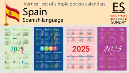 Spanish vertical set of pocket calendar for 2025. Week starts Sunday