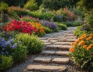 Indulge in the beauty of a countryside garden with vibrant flowers and a quaint stone pathway.