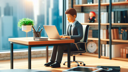 Toy businessman working with laptop in office. 3d rendering. Close-up