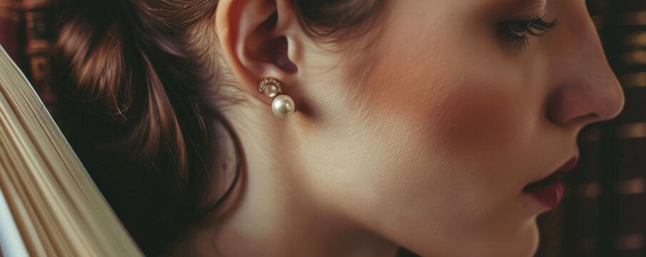 Closeup of an ear with pearl earrings, juxtaposed with an open vintage book, merging literary classicism with timeless fashion