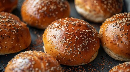 Detailed top view of multigrain burger buns, highlighting the whole grains and seeds, perfect for advertising healthy burgers, isolated background
