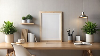 Neutral Office Desk Frame Mockup: A frame mockup placed on a neutral-toned office desk, offering a simple and professional presentation option for displaying images in a workspace setting.	
