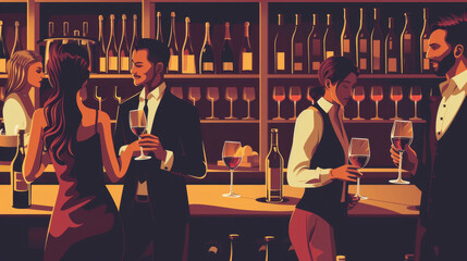 An artistic illustration depicting a lively social scene at a sophisticated wine bar, featuring elegant guests engaged in conversation. Sophisticated Wine Bar Social Scene Illustration


