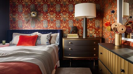 A bedroom with a bold, patterned wallpaper, a sleek dresser, and a modern table lamp