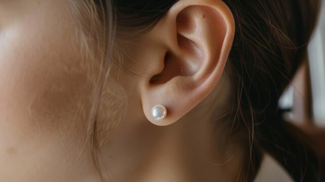 Classic pearl earrings on an ear, with a backdrop of old architectural details, reflecting the enduring legacy and charm of timeless design