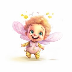Fototapeta premium A watercolor illustration of cute cartoon baby bee in a pink and yellow outfit 