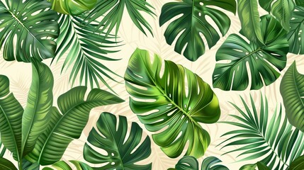 A pattern featuring various tropical leaves like palm, monstera, and banana leaves. 