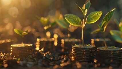 A creative representation of financial growth, featuring young plants sprouting from stacks of coins against a backdrop of warm, golden bokeh lights, symbolizing prosperity and sustainable investment