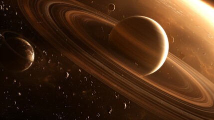 A grand view of Saturn, its magnificent rings detailed and shimmering, multiple moons visible in the orbit, against the backdrop of deep space. Created Using: Grand space view, detailed ring