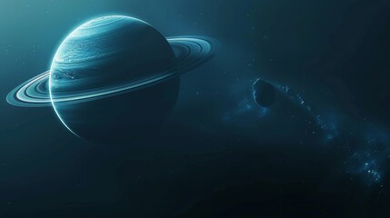 A view of Uranus with a focus on its faint ring system, contrasting against the deep blue of the planet, under soft celestial lighting. Created Using: Focus on faint ring system, deep blue contrast,