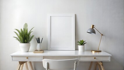 White Desk Frame Mockup: A white desk with a frame mockup placed on its surface, featuring clean lines and a minimalist design aesthetic.	
