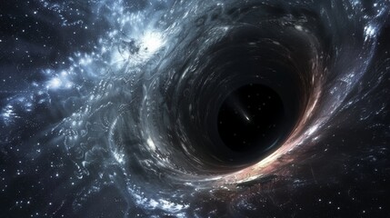 A vivid depiction of a black hole at the center of a galaxy, its event horizon pulling in light and matter, with swirling stars and gas around it. Created Using: Vivid space depiction, event horizon
