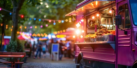 Selective focus on a food truck at a summer city festival. Concept Summer Fun, Foodie Delights, City Festivities, Street Eats, Vendors Galore