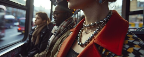 A stylish neck wearing a streetinspired necklace, captured in a candid moment on a city bus, blending everyday life with high street fashion - Powered by Adobe
