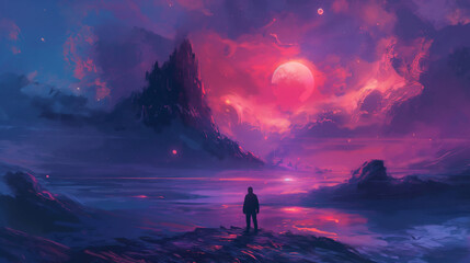 Obraz premium landscape with moon and stars