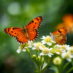 Naklejka premium orange butterflies argynnis paphia drinking nectar on a green floral backgroung,generate ai