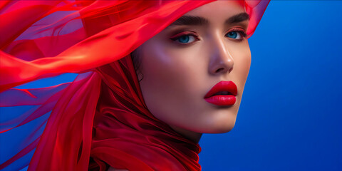 A woman in red with her hair tied back.