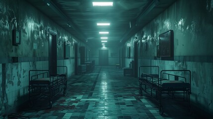 An ominous nighttime view of an abandoned hospital corridor, with gurneys overturned and shadows playing tricks on the mind.