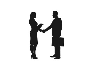 Businessman and businesswoman shaking hands silhouettes. Agreement, trust, cooperation concept. business people handshake illustration. Silhouettes of Business team with white background. 