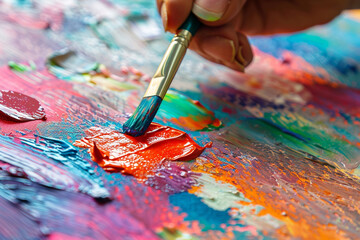 Obraz premium A detailed view of a hand holding a paintbrush, artistically applying vibrant, thick layers of colorful paint on a canvas, symbolizing the creative process in art therapy 