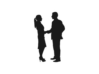 Businessman and businesswoman shaking hands silhouettes. A business meeting of the man and woman. Business and finance concept vector. Business man and woman shaking hands after a deal. 