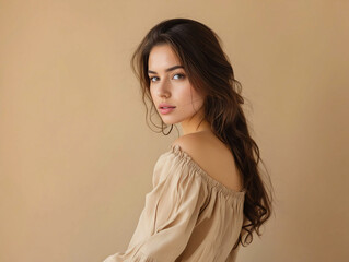 Fototapeta premium A beautiful woman in a beige dress.