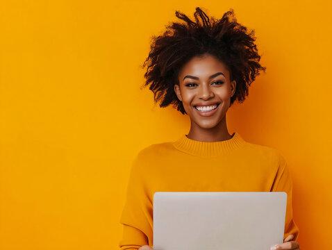 A smiling woman holding a laptop against an orange background.