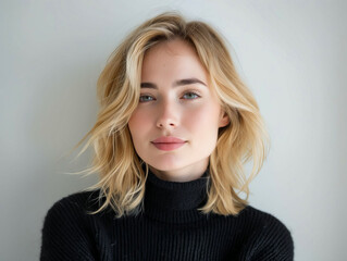 Fototapeta premium A woman with blonde hair wearing a black turtleneck sweater.