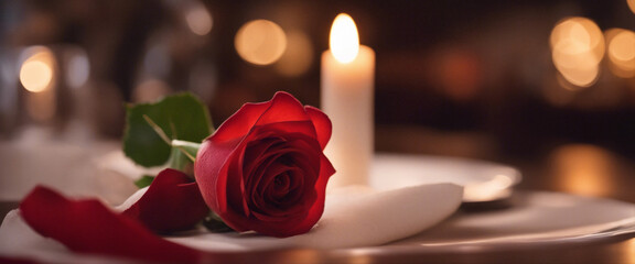 An intimate romantic setting featuring a red rose and candle on a restaurant table