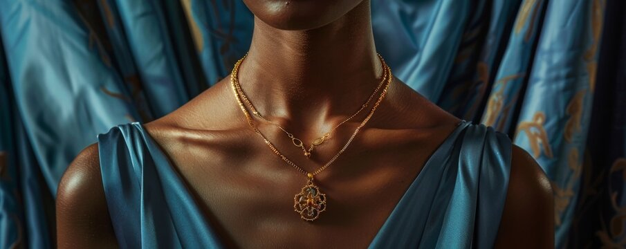 A models neck adorned with a gold necklace featuring a traditional pendant, against a backdrop of regal satin curtains, conveying opulence
