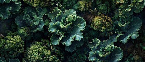 Imagine a digitally rendered kale forest, towering leaves carved with intricate details, casting dappled shadows on a lush, mossy ground, evoking a sense of mystery