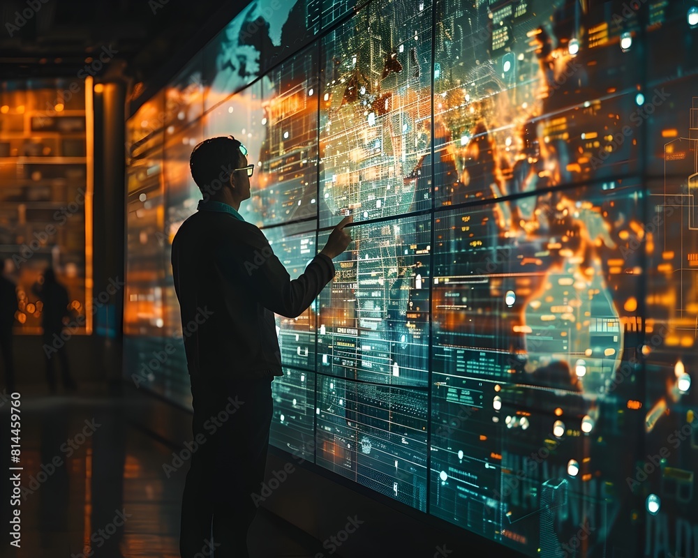 Poster digital strategist utilizing interactive display for new communication plan in business networking a