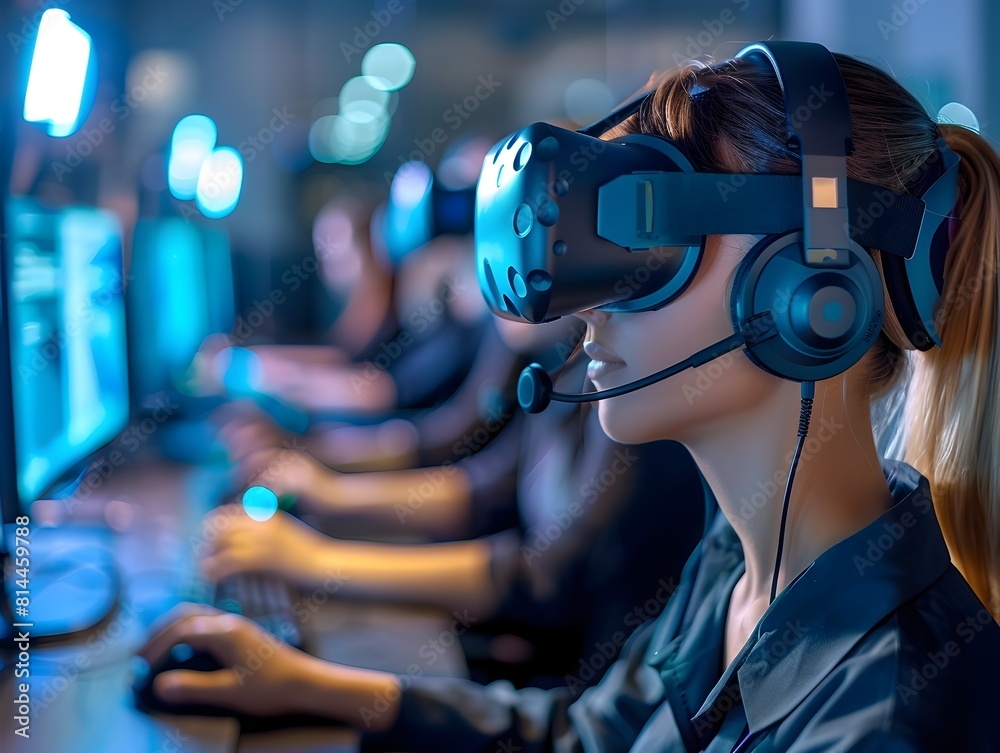 Poster Virtual Reality Customer Support Team Solving Client Problems in Real Time with Digital Technology and Networking Concepts in a Modern Office Setting