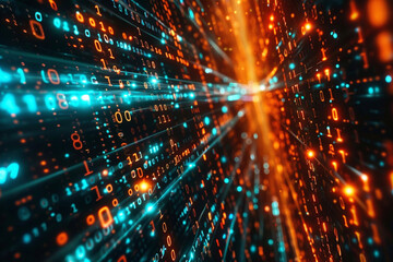 Fototapeta premium A digital backdrop featuring a matrix of glowing binary code numbers, symbolizing data, computing, and cyber technology 